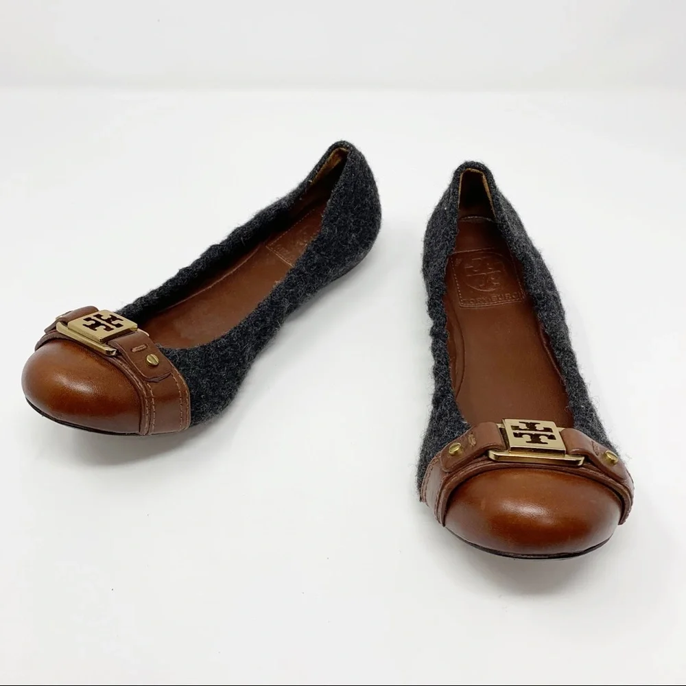 Tory Burch Brown Leather & Charcoal Wool Logo Ballet Flats